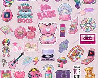May include: A collection of 90s-themed stickers featuring a ring, cassette tapes, heart-shaped glasses, a rainbow spring, a handheld game, a butterfly compact, a flip phone, a scrunchie, a record player, a camera, a teddy bear, and text.