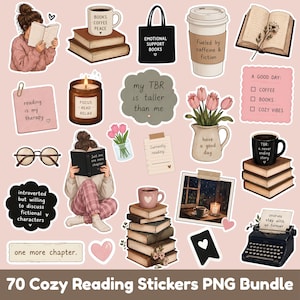 Può includere: Una collezione di adesivi illustrati a tema lettura che include libri, tazze di caffè, una macchina da scrivere, una candela, una borsa con il testo Emotional Support Books, una persona che legge, occhiali, tulipani e citazioni come one more chapter.