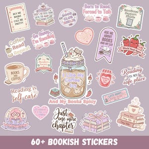 May include: A collection of pastel-coloured stickers featuring book and coffee themes. Designs include text like 'Buy Me Books', 'Coffee Read Repeat', 'I Like My Coffee Icy', and 'Reading is self-care', alongside illustrations of books, mugs, and chilli peppers.
