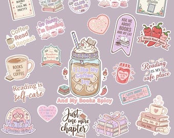 May include: A collection of pastel-colored stickers featuring book and coffee themes. Designs include text like 'Buy Me Books', 'Coffee Read Repeat', 'I Like My Coffee Icy', and 'Reading is self-care', alongside illustrations of books, mugs, and chili peppers.