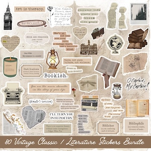 May include: A collection of 80 vintage-style stickers featuring literature and classic themes. Elements include a typewriter, globe, hourglass, lantern, stacks of books, and various quotes like Art is therapy and Bookish, all set against a parchment background.