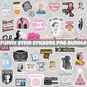 Puede incluir: Una colección de pegatinas con temática STEM que incluye figuras científicas como Albert Einstein, Marie Curie e Isaac Newton, junto con textos humorísticos, ecuaciones físicas e ilustraciones de equipos de laboratorio.