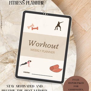 Könnte beinhalten: Ein digitaler Fitnessplaner auf einem Tablet. Der Bildschirm zeigt einen "Workout Weekly Planner" mit Illustrationen von Hanteln, einer Person beim Training und einer gerollten Yogamatte. Der Text lautet: "Bleiben Sie motiviert und werden Sie die beste Version von sich selbst."