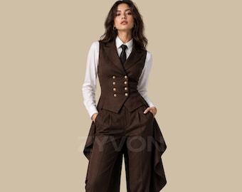 Brown Women Tailcoat Suit, Victorian Formal Pants Set, Womens Steampunk Tuxedo Outfit, Gothic Waistcoat Suit for Women