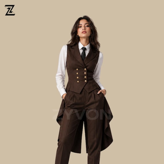 Brown Women Tailcoat Suit, Victorian Formal Pants Set, Womens Steampunk Tuxedo Outfit, Gothic Waistcoat Suit for Women