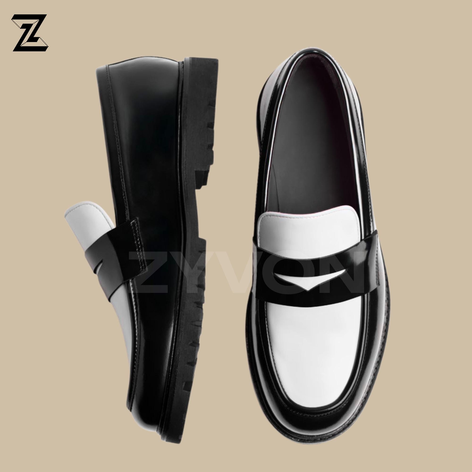 D’AMILIO Men’s Loafers Size 10M Black White Chunky Lug Sole Slip-On Dress Shoes Adler Black/White Leather Lug Penny Loafers main image 4