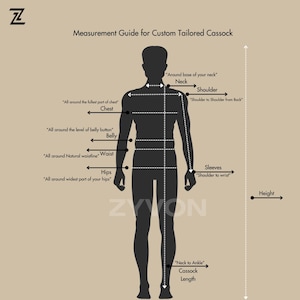 Pu&ograve; includere: Una guida alle misure per una tonaca su misura. L'immagine mostra una silhouette con punti etichettati per petto, vita, fianchi e altre misure. Il testo include "ZYVON" e "Measurement Guide for Custom Tailored Cassock".