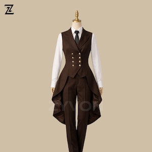 May include: A brown vest and pants suit with a white collared shirt and black tie. The vest has gold buttons and a unique flared design. The suit is displayed on a mannequin against a neutral background.