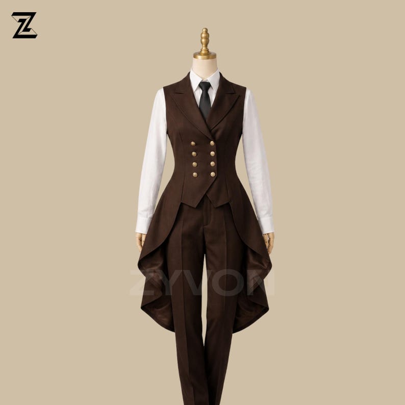May include: A brown vest and pants suit with a white collared shirt and black tie. The vest has gold buttons and a unique flared design. The suit is displayed on a mannequin against a neutral background.