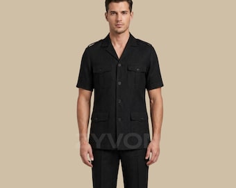 Mens Black Safari Suit, Linen Safari Shirt Set, Military Style Summer Suit, Short Sleeve Safari Outfit, Mens Two Piece Set