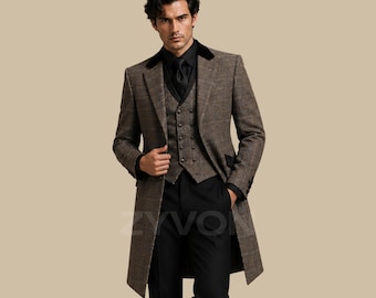 Traje victoriano de frac con estampado de espiga marrón, traje de boda de tweed de 3 piezas, abrigo largo gótico vintage, conjunto de levita formal eduardiana