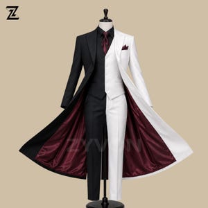 Men's Black White Split Tailcoat Suit, Two Face Inspired Formal Tuxedo, Gothic Wedding Coat, 3 Piece Long Coat Suit, Masquerade Evening Wear
