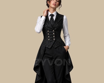 Women’s Black Victorian Tailcoat Vest, Gothic Brocade Waistcoat, Steampunk Double Breasted Vest, Formal Tuxedo Tailcoat for Women