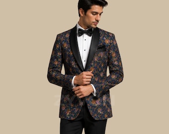 Mens Floral Tuxedo Jacket, Navy Blue Wedding Blazer, Luxury Shawl Lapel Dinner Jacket, Prom Suit Coat, Formal Groom Tuxedo