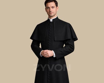 Black Clergy Cassock with Shoulder Cape | Roman Catholic Priest Robe Custom Made