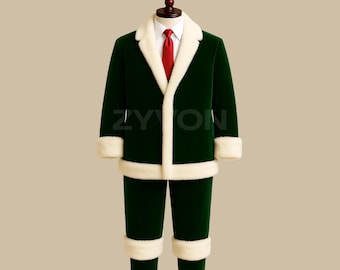 May include: A green velvet suit with white trim, including a jacket, pants, and a red tie. The jacket and pants have white faux fur trim. The suit is displayed on a mannequin. The text "ZYON" is visible on the jacket.