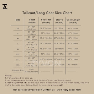 May include: A tan size chart for a tailcoat or long coat, with measurements in inches and centimeters. The chart includes chest, shoulder, sleeve, and coat length measurements for sizes XS to 4XL, plus a custom size option.