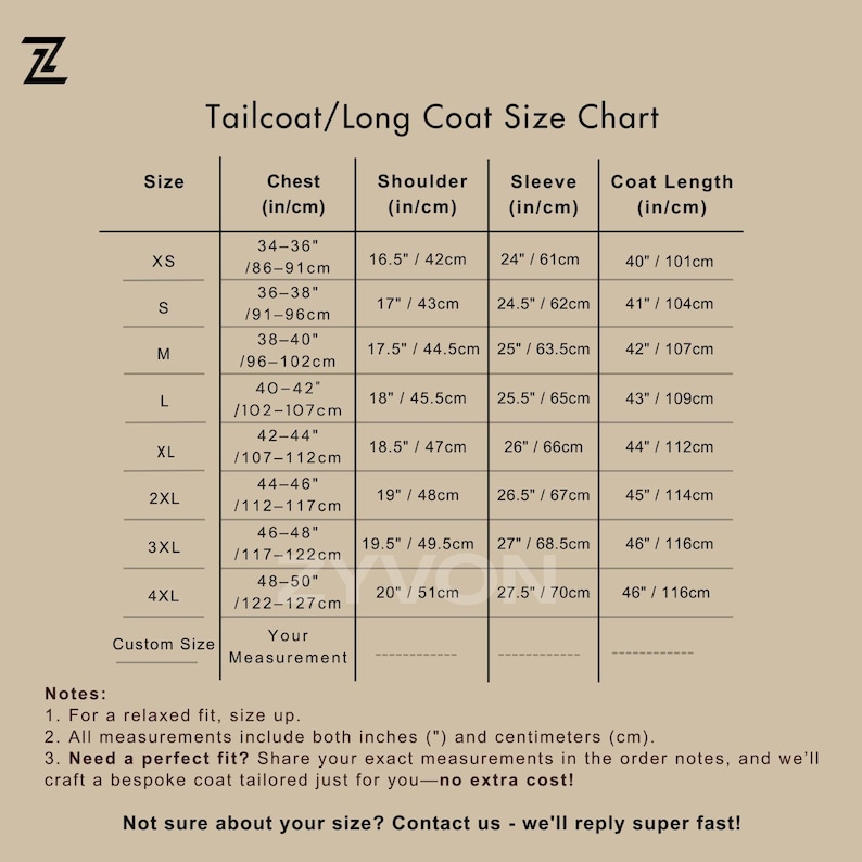 May include: A tan size chart for a tailcoat or long coat, with measurements in inches and centimeters. The chart includes chest, shoulder, sleeve, and coat length measurements for sizes XS to 4XL, plus a custom size option.
