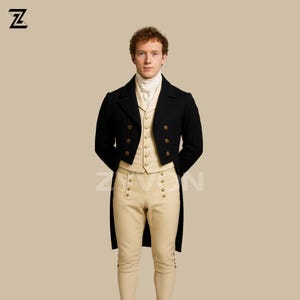 May include: A man wearing a black tailcoat with gold buttons, a cream-colored vest, a white cravat, and cream-colored breeches. The outfit is a historical costume, likely from the Regency era. The man is standing in front of a neutral background.
