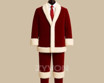 May include: A Santa Claus costume set in burgundy red velvet with white faux fur trim. The set includes a jacket, pants, and a matching hat. A white collared shirt and red tie are visible. The brand name "ZYWON" is printed on the pants.