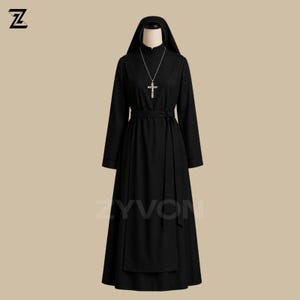 May include: A black habit with a matching hood and long sleeves. The religious garment features a silver cross pendant and a waist tie. The ZYVON logo is visible on the lower portion of the garment.