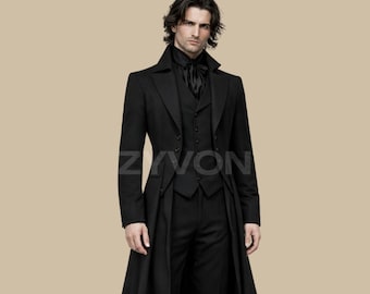 May include: A black long coat with a matching vest and trousers. The coat has a long, flowing design and a notched lapel. The vest is double-breasted. The outfit is completed with a black dress shirt and tie. The text "ZYVON" is visible on the coat.