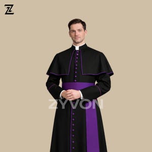 May include: Black clerical robe with purple accents, including a sash and button details. The robe features a high collar and a cape-like shoulder covering. The text "ZYVON" is visible on the garment.