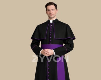 Schwarze Priester Kassock mit Lila Borte & Schärpe | Römisch-katholischer Klerus Robe mit Umhang Maßgeschneidertes Soutane-Gewand