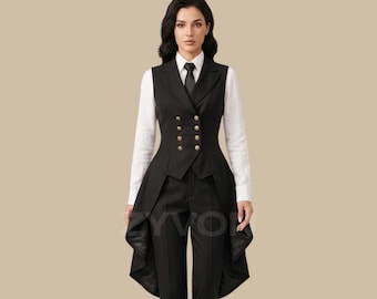 Womens Gothic Tailcoat Suit Black Vest Suit, Victorian Steampunk Outfit, Formal Waistcoat Suit Women, Elegant Tailcoat Set