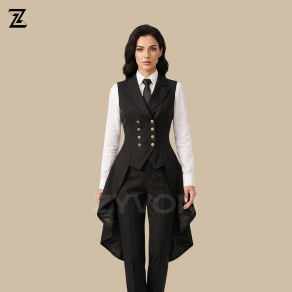 Womens Gothic Tailcoat Suit Black Vest Suit, Victorian Steampunk Outfit, Formal Waistcoat Suit Women, Elegant Tailcoat Set