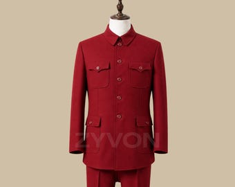 Terno vermelho masculino com gola mandarim, estilo militar, túnica chinesa, terno para noivo, terno vermelho formal, terno sob medida.