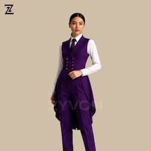 May include: A formal purple suit with a double-breasted vest featuring gold buttons, paired with matching trousers. The outfit includes a white collared shirt and a black tie. The suit is tailored and has a unique design.