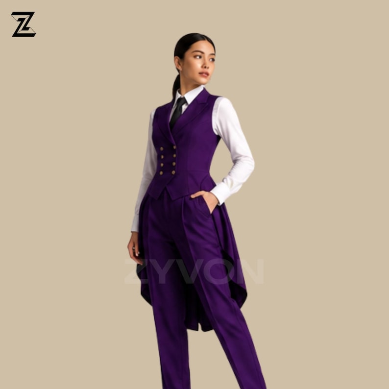 May include: A formal purple suit with a double-breasted vest, matching trousers, and a white collared shirt. The vest has gold buttons. The suit is tailored with a unique, elongated back. The model is wearing a black tie.