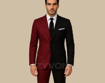 Men’s Maroon & Black Two-Tone Split Suit – Bold 2-Piece Coat + Pants for Statement Formal wear
