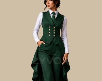 Women's Green Tailcoat Suit, Ladies Victorian Formal Tuxedo, Double Breasted Pant Suit, Wedding Reception Outfit, Elegant Business Suit