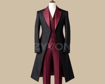 Victorian Gothic Tailcoat Suit for Men – Black & Burgundy Regency 3 Piece Outfit