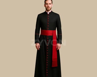 Handmade Black Cassock with Red Trim | Clergy Costume