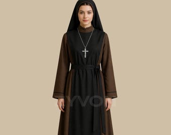 Catholic Nun Habit Brown Dress, Modest Religious Clothing Women, Church Uniform Dress, Nun Costume Women