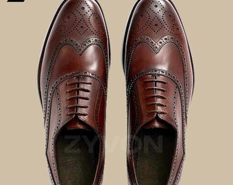 Handmade Brown Leather Brogue Oxford Shoes | Wingtip Dress Shoes