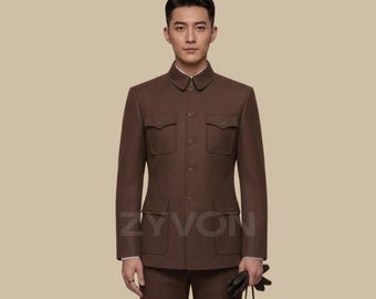 Mens Mao Suit, Chinese Tunic Suit, Mandarin Collar Suit, Zhongshan Style Jacket Set, Vintage Asian Formal Suit