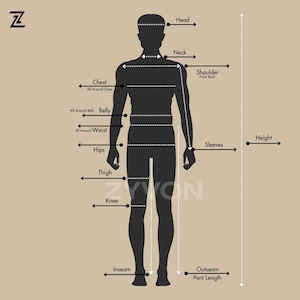 May include: A diagram illustrating body measurements for clothing. The silhouette of a person is labeled with measurement points such as head, chest, waist, hips, and inseam. The brand name "ZYYON" is visible.