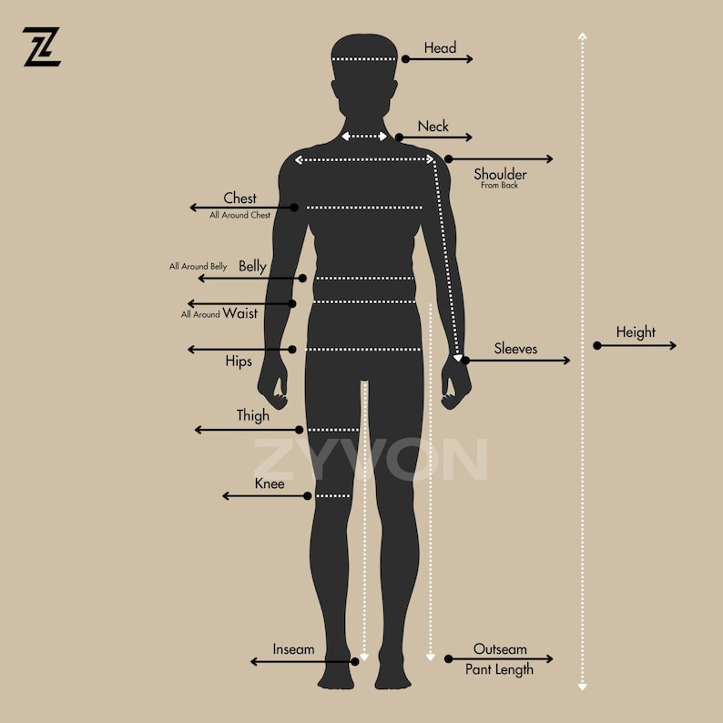 May include: A diagram illustrating body measurements for clothing. The silhouette of a person is labeled with measurement points such as head, chest, waist, hips, and inseam. The brand name "ZYYON" is visible.