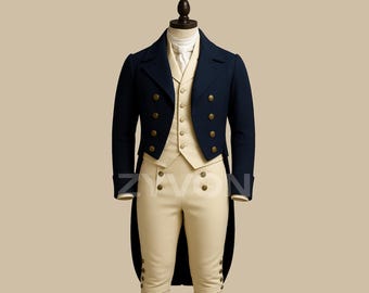 May include: A navy blue tailcoat suit with gold buttons, a cream-colored vest, and matching pants. The suit is displayed on a mannequin. The text "ZYVON" is visible on the suit.