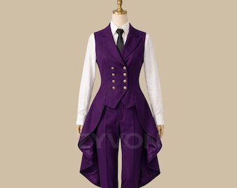 Purple Women Tailcoat Suit, Victorian Formal Pants Set, Womens Steampunk Tuxedo Outfit, Gothic Waistcoat Suit for Women