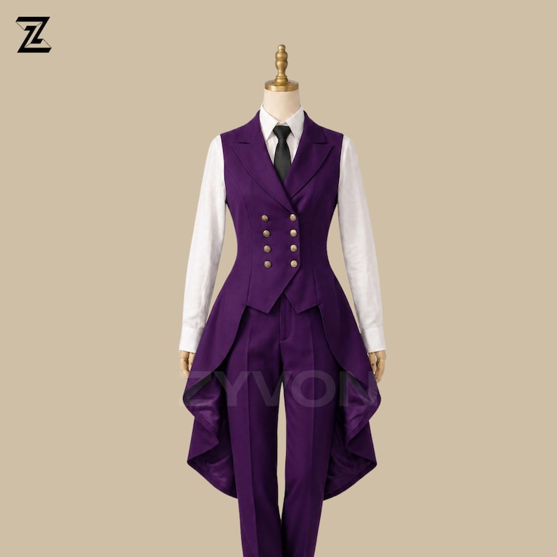 May include: A formal purple suit with a vest, pants, and a white collared shirt. The vest has gold buttons and a unique flared design. A black tie completes the outfit. The suit is displayed on a mannequin.