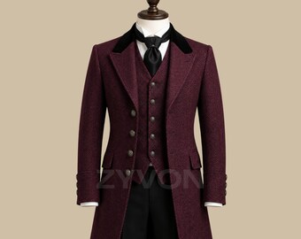 Traje victoriano de espiga burdeos, traje de tweed de 3 piezas con abrigo largo, frac gótico para bodas, conjunto de abrigo formal vintage.