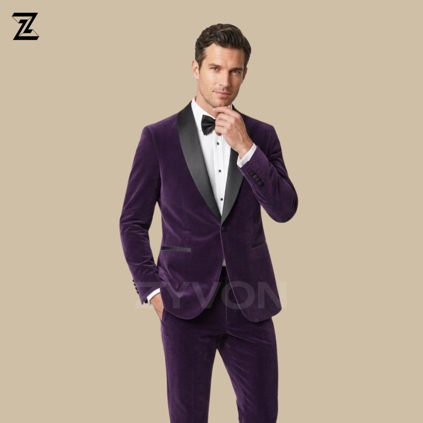 Mens Purple Velvet Tuxedo, Velvet Dinner Jacket, Purple Wedding Suit, Black Satin Shawl Lapel Tuxedo, Luxury Groom Suit