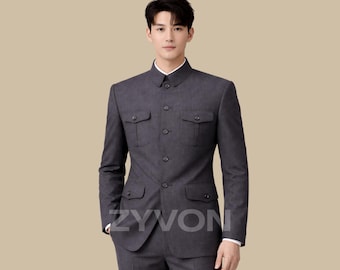Grey Zhongshan Suit for Men, Mao Suit Set, Chinese Tunic Suit, Mandarin Collar Formal Outfit