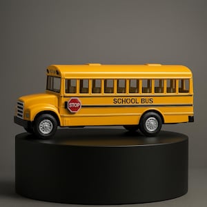 May include: A yellow school bus toy with black accents, a red stop sign, and the words "SCHOOL BUS" printed on the side. The bus has black wheels and is displayed on a black pedestal.