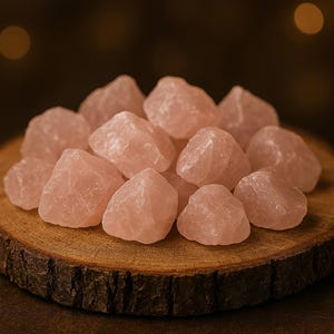 May include: A collection of rough, light pink rose quartz stones arranged on a round, wooden slab. The stones have a natural, unpolished appearance, with varying shapes and sizes. The wood slab has a dark brown, textured edge.